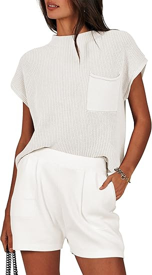 ANRABESS Women's Two Piece Summer Outfits Knit Sweater Short Sets Pullover Tops & Shorts Lounge M... | Amazon (US)