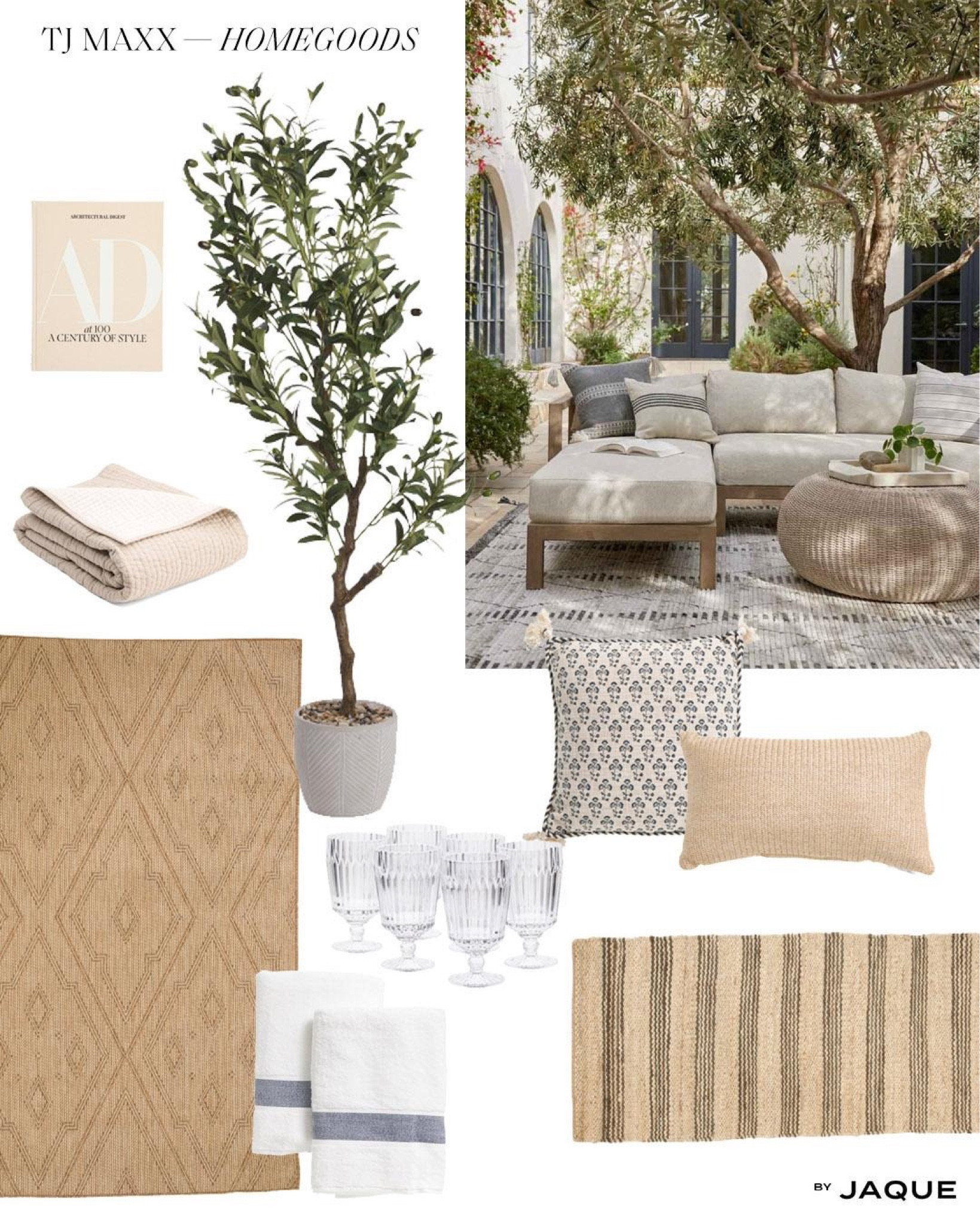 TJ MAXX HOMEGOODS — Summer spring outdoor patio decor. Olive tree. Plant vase. Rug exterior jute. Pillow. Coastal. Goblet. Linen cover. Coffee table book architectural digest. Turkey towel sheets bath. Furniture 

#LTKhome #LTKunder50 #LTKunder100