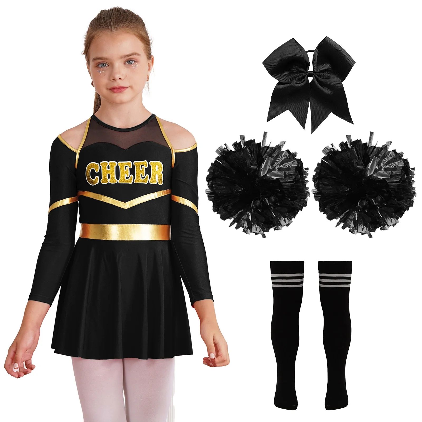 iixpin Kids Girls Halloween Cheer Leader Costume Cheering Uniform Long Sleeve Dress with Pom Poms... | Walmart (US)