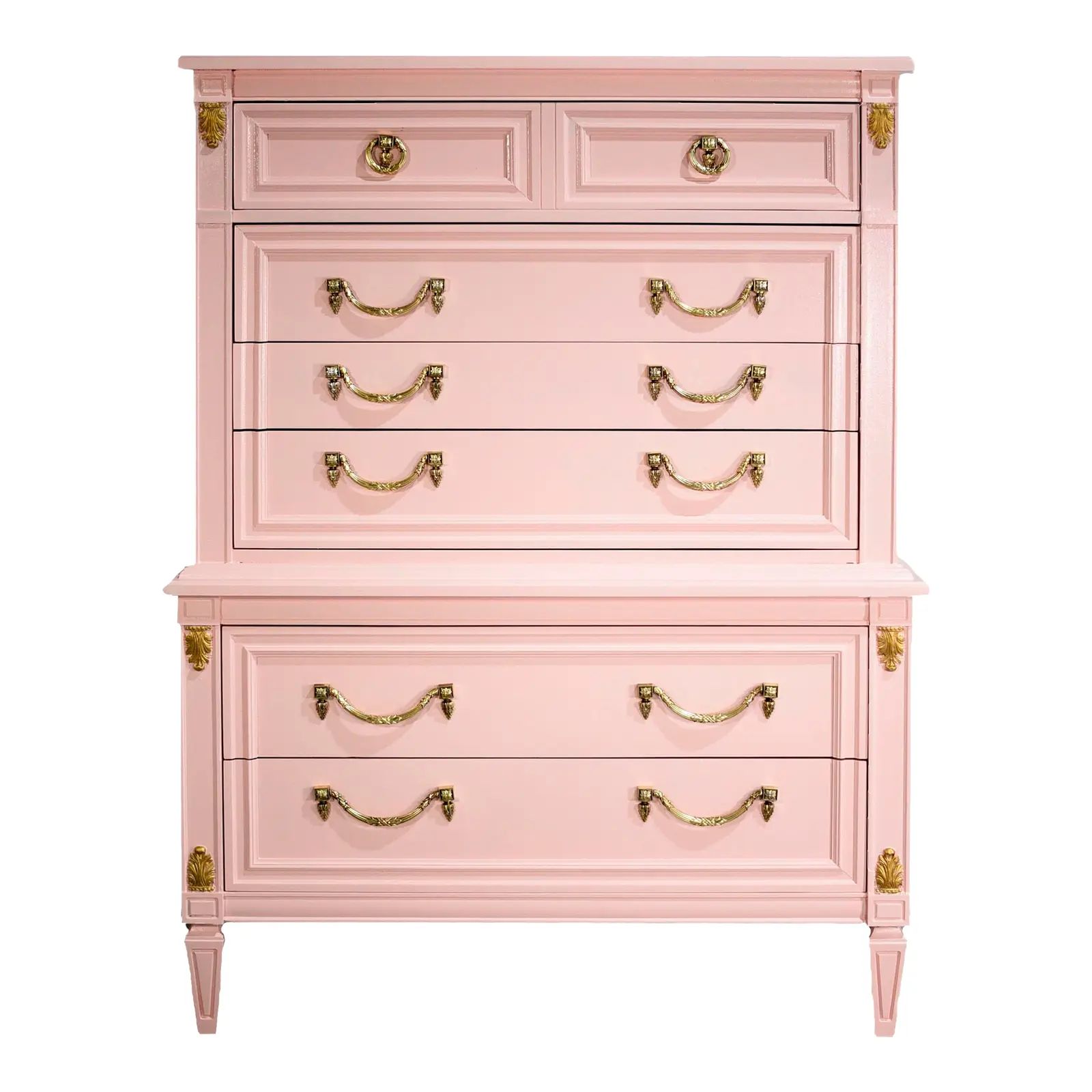 Vintage Neoclassical Highboy With Wreath Brass Hardware in Pink - Newly Painted | Chairish