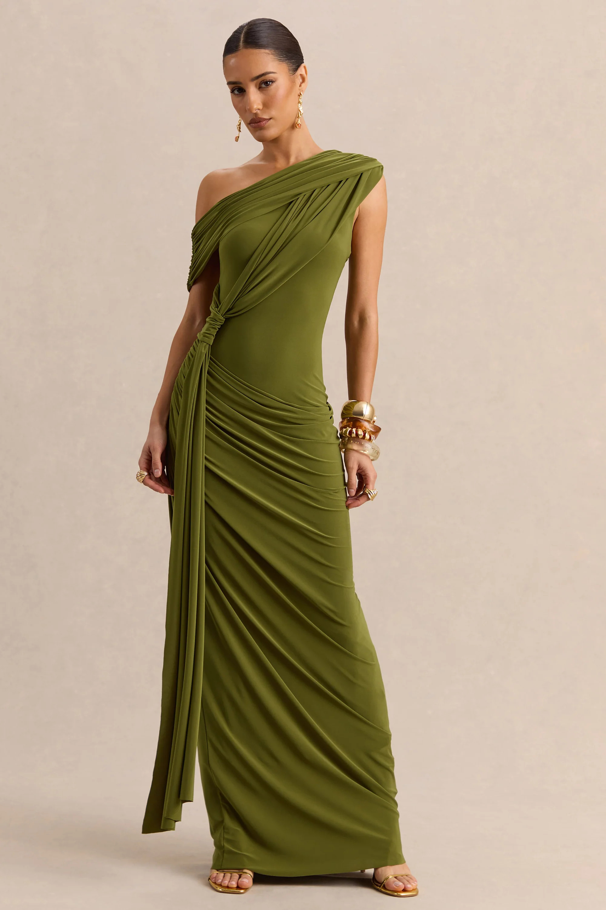 Avialee | Green Asymmetric-Neck Maxi Dress With Gathered-Detailing And | Club L London