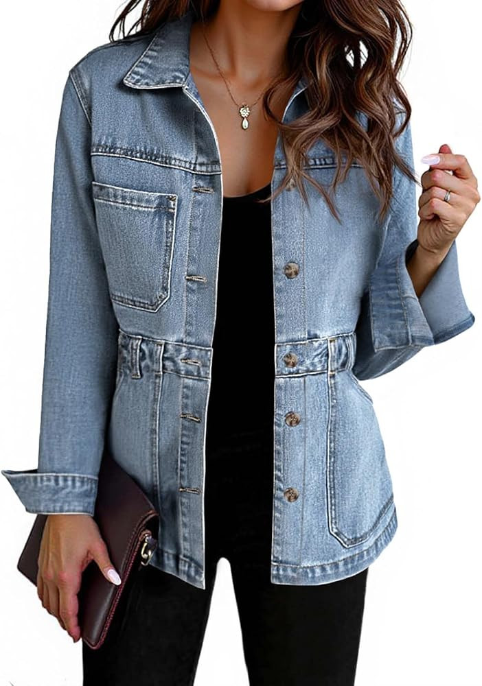Tankaneo Denim Jacket for Women Distressed Jean Jacket Button Down Oversized Shacket with Pockets | Amazon (US)
