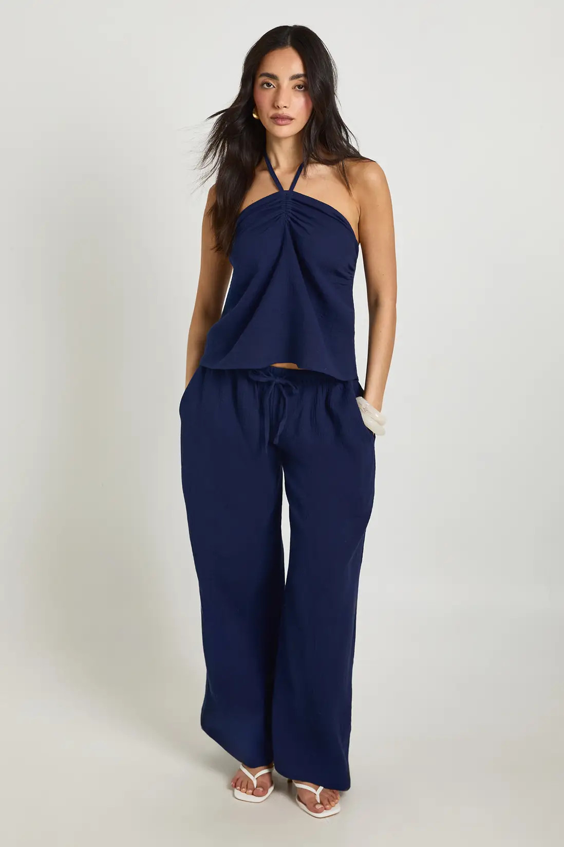 Navy Cheesecloth Halter Neck Bandeau & Wide Leg Trouser Co-ord | Boohoo | Boohoo.com (UK & IE)