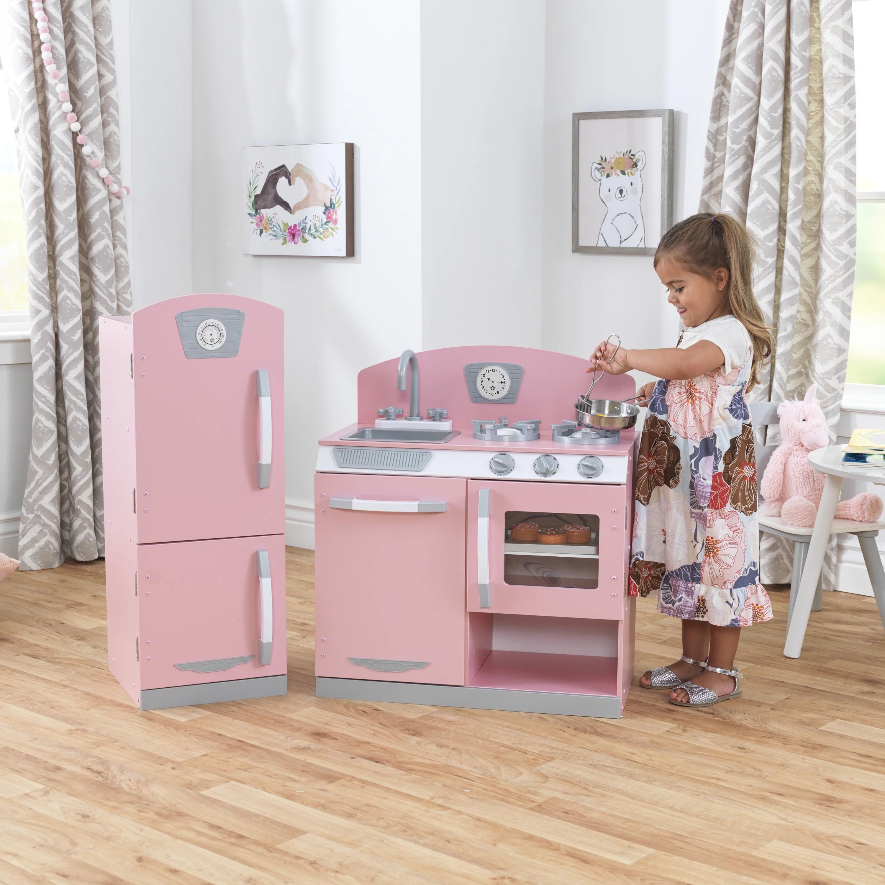 KidKraft Retro Wooden Play Kitchen and Refrigerator 2-Piece Set with Faucet, Sink and Burners, Pi... | Walmart (US)