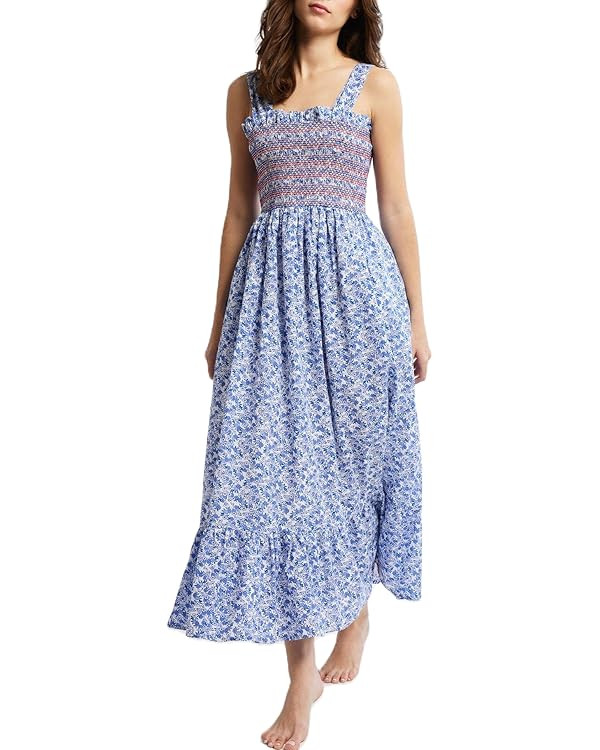 Womens Summer Flowy Smocked Beach Dresses Y2K Floral Contrast Color Boho Shoulder Tie Shirred Max... | Amazon (US)