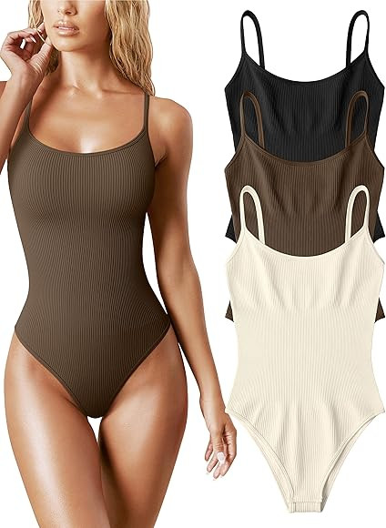 OQQ Women's 3 Piece Bodysuits Sexy Ribbed Sleeveless Adjustable Spaghetti Strip Tops Shapewear Bo... | Amazon (US)