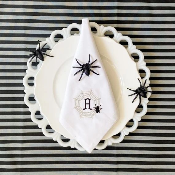 Set of 6 Monogrammed Spooky Halloween Spider Cloth Napkins - Fall - Halloween - Black - silver - ... | Etsy (US)