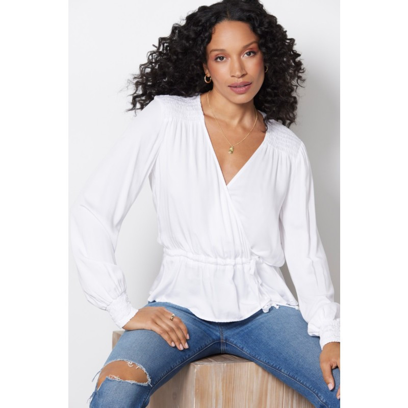 CLOTH AND STONE Smocked Satin Wrap Blouse | EVEREVE | Evereve