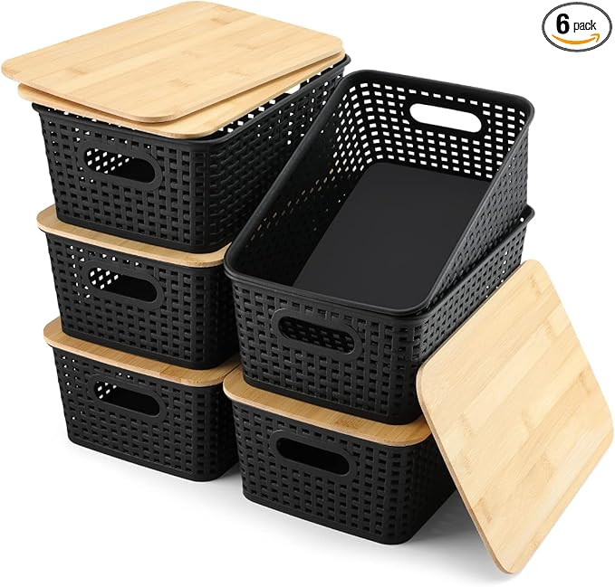 Storage Bins with Lids 6 Pack, Plastic Storage Bins with Bamboo Lids for Pantry Organization and ... | Amazon (US)