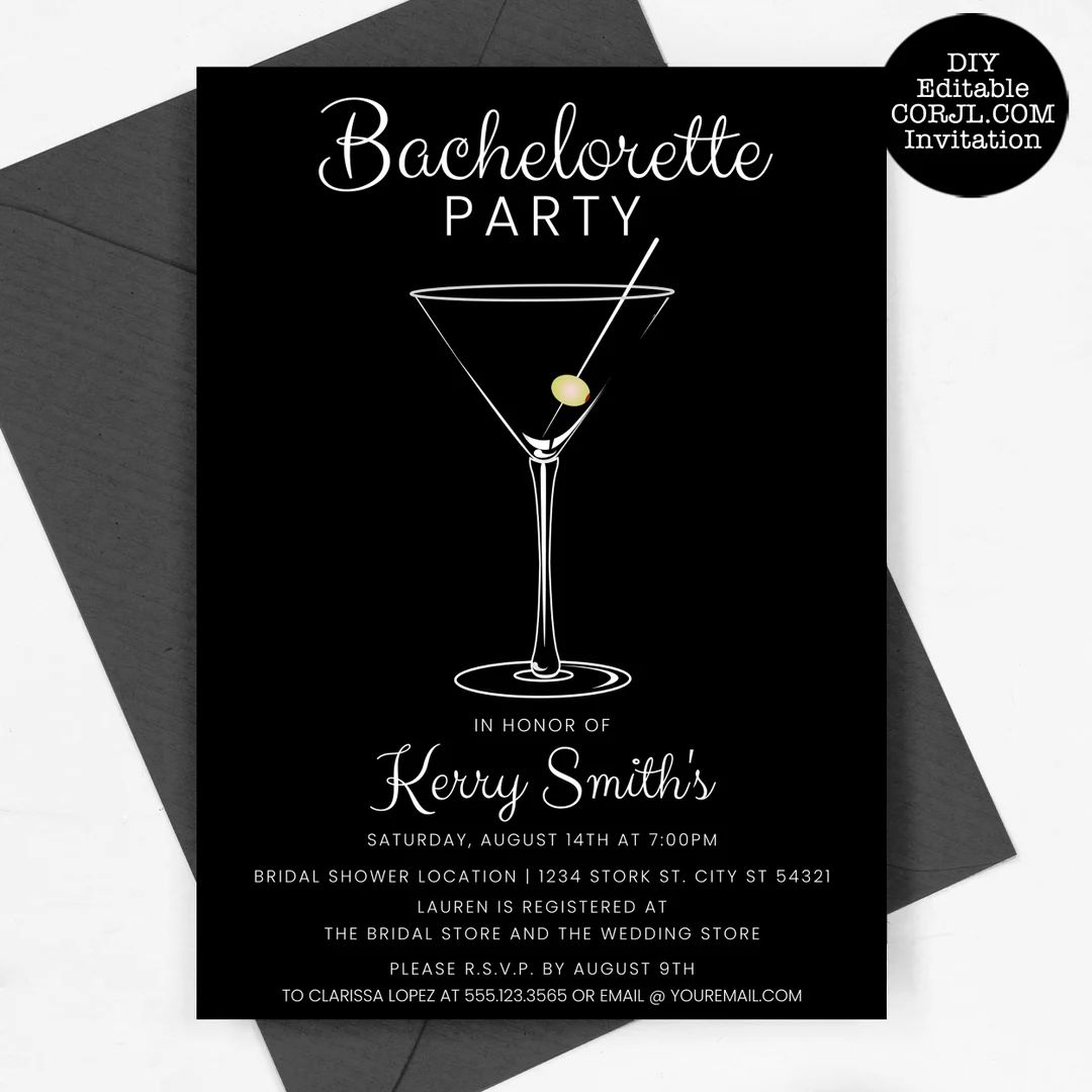 Black and White Bachelorette Party Invitations, Martini Glass Bachelorette Party Invite, Modern B... | Etsy (US)