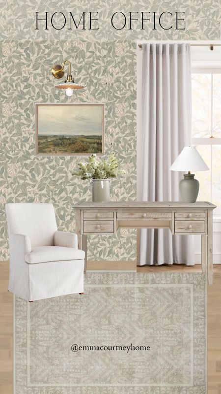 Wallpapered floral home office. Wood desk from wayfair, upholstered chair (I would use a seat cushion with this for my back - amazon favourite linked). Scalloped sconce from amazon, faux lilac and crock vase, curtains, target lamp  

#LTKFind #LTKstyletip #LTKhome