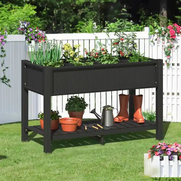 LUE BONA Plastic Raised Garden Bed with Legs Outdoor Standing Planter Box with Storage Shelf - 47... | Bed Bath & Beyond
