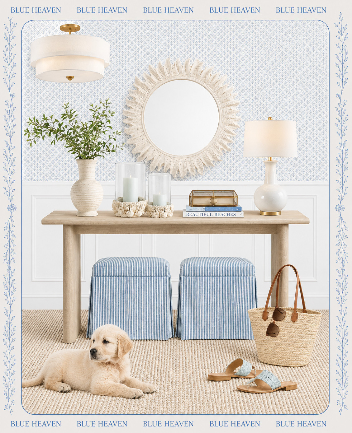 Coastal Entryway Design Coastal home, entryway decor, coastal rug, entryway rug, coastal console table, entryway table, pottery barn console table, upholstered storage ottoman, blue and white striped ottoman, wayfair home decor, coastal mirror, round mirror, wayfair wallpaper, coastal floral wallpaper, wayfair rug, neutral rug, jute solid color rug, coastal lamp, semi flush mount, wayfair lighting, jasmine branch, pottery barn vase, shell hurricane candle holder, brass and glass display box, Amazon coastal book, beautiful shells book, straw beach bag, Amazon beach bag, quay sunglasses, blue sandals, Jack Rogers sandals

#LTKHome 

 #LTKuk #LTKhome #LTKfamily