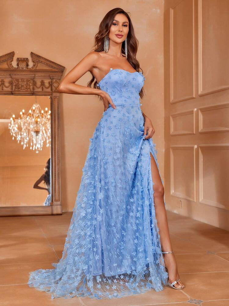 Strapless Sweetheart Neckline Evening Gown With High Slit & Floral Lace A-Line Skirt - Floor-Length Formal Dress For Gala Dinners, Red Carpet Events, Black-Tie Weddings, Opera Nights, And Luxury Charity Galas,Party Dress,Wedding Guest | SHEIN