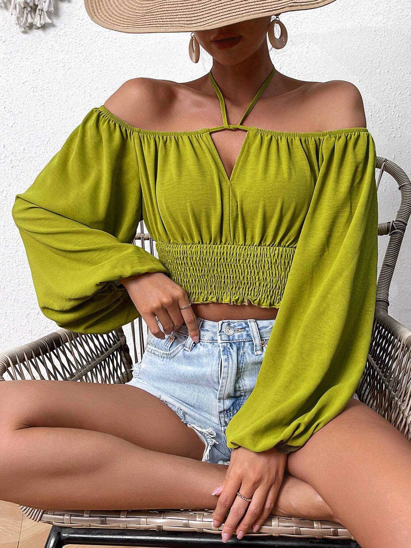 SHEIN VCAY Short Cropped Off Shoulder Tie Neck Green Shirt | SHEIN