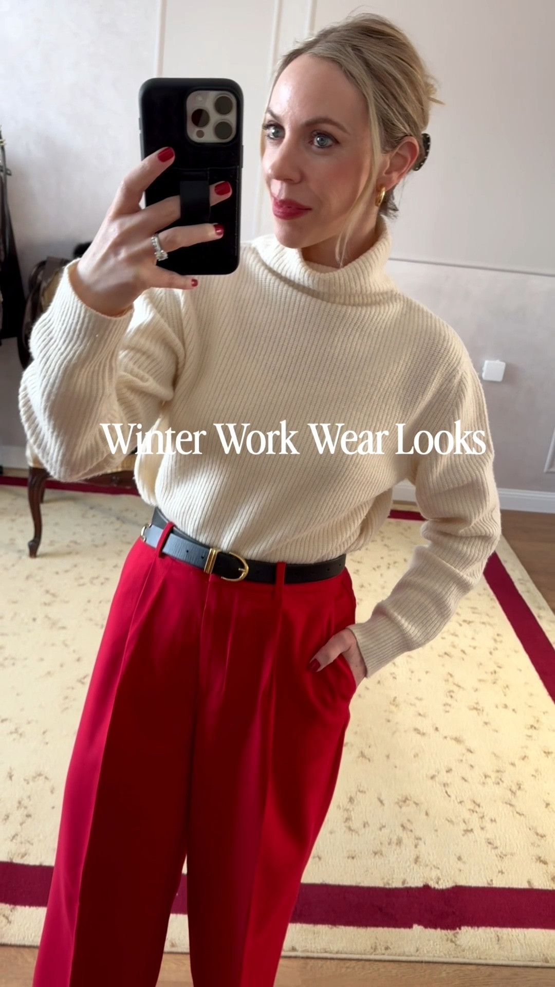 Winter work wear looks, office style, style over 40, red pants, cream sweater, tweed blazer, black trouser outfits