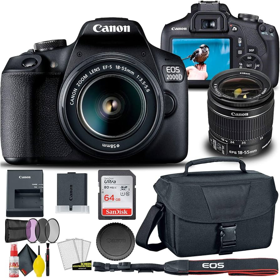 Canon EOS 2000D / Rebel T7 DSLR Camera with 18-55mm Lens, Creative Filter Set, EOS Camera Bag, Sa... | Amazon (US)
