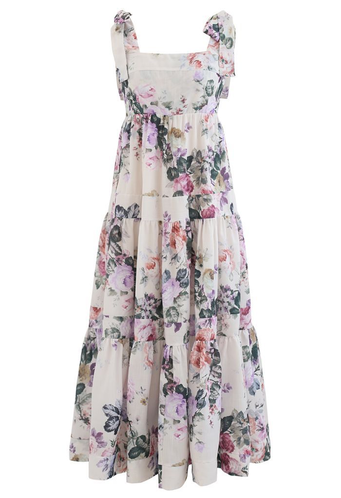 Watercolor Flowers Printed Tie-Strap Maxi Dress | Chicwish