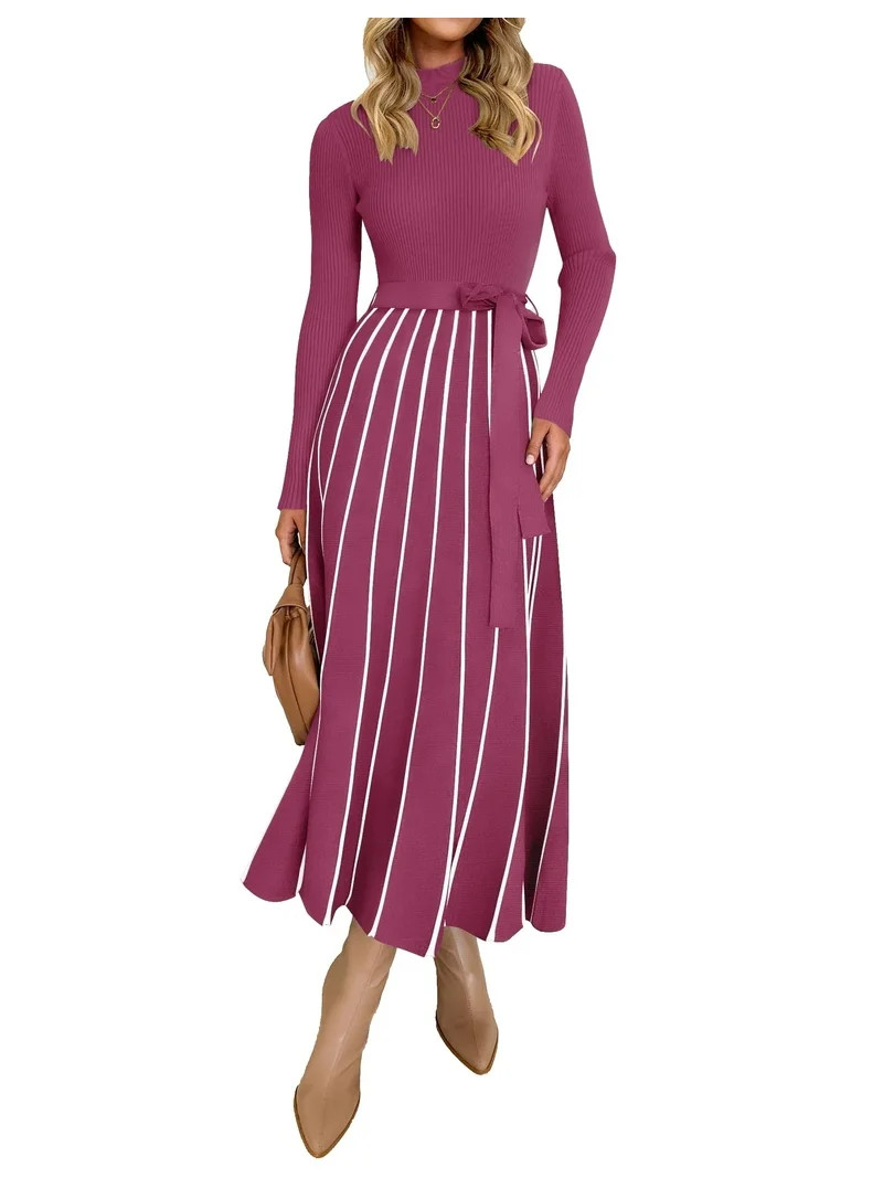 YOGAFOX Womens Fall Turtleneck Tie Waist Long Sleeve Ribbed Knit Midi Dress Eggplant XL | Walmart (US)