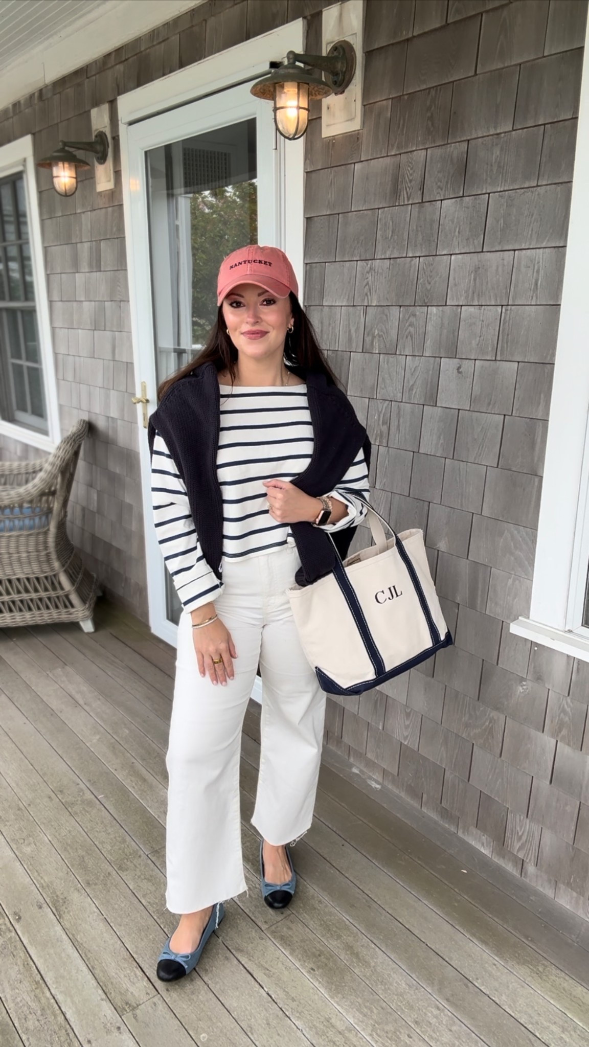 What to wear in Nantucket - casual outfit for shopping day 
New England summer
Vacation outfit idea 

Nantucket casual day outfit 
Size: Small top, 27 Reg jeans, 
Striped boatneck top, white denim, navy sweater crewneck, denim ballet flats 

#LTKStyleTip #LTKFindsUnder100 #LTKTravel