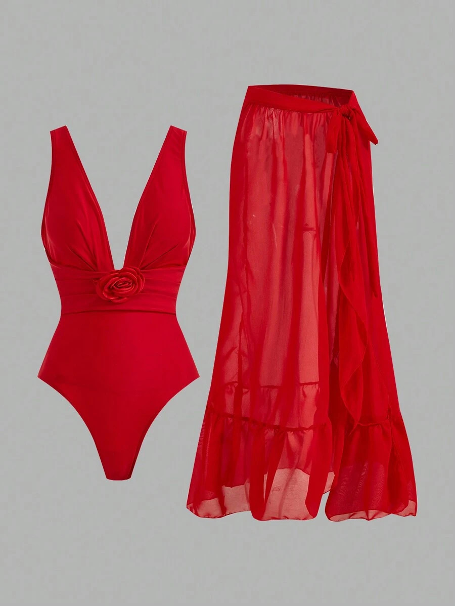 SHEIN Swim Oasis 1pc Women Vacation Beach One-Piece Swimsuit With 3D Floral Decor Summer | SHEIN