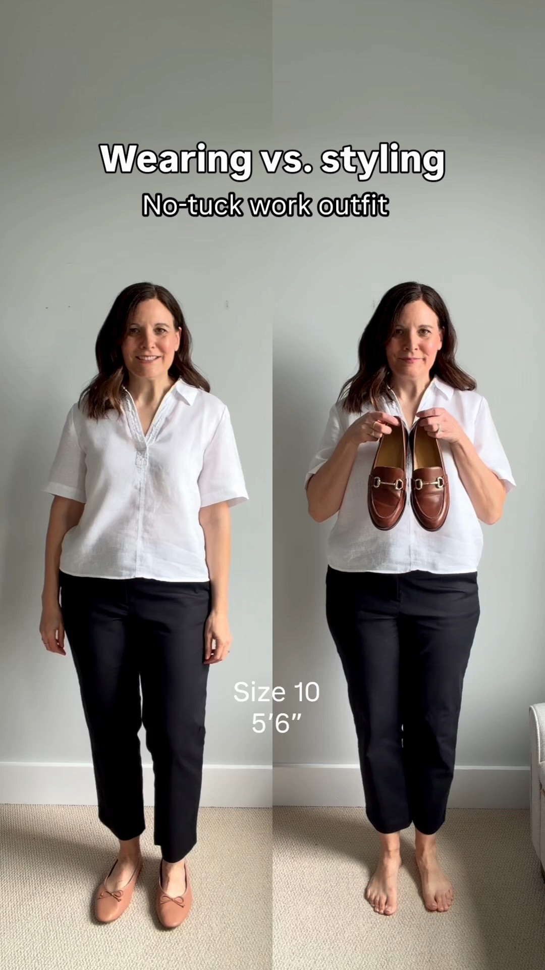 Many of you have picked up this Quince popover top because it’s so easy to wear untucked. Here’s how I’m styling it without tucking in the shirt or belting the pants.

Because the top has a looser shape, I’m wearing fitted ankle pants to balance the proportions.

Next, I’m adding warm contrast with coordinating brown accessories: loafers, a chunky necklace, and a bag. Repeating the brown draws the eye around the outfit and adds visual interest.

Finally, I’m adding a white blazer for structure. The lapels and necklace draw the eye upward. If you don’t wear blazers, you could easily substitute a classic cardigan.

A quick sizing note on the LOFT Riviera pants: I own the curvy fit in both an 8 and a 10, but I really need a regular 10. The curvy 8 is a smidge too small since gaining 5 pounds, while this curvy 10 is slightly too loose through the lower midsection—that’s what I’m wearing here. The regular fit in my usual size would work best at my current size. Bottom line: If you want a  roomier fit in the belly, choose the curvy option. 

📏For reference, I’m midsized, 5’6”, slightly short-waisted, 36-B bust, and wear a small or medium top with size 10 jeans.

#LTKOver40 #LTKSaleAlert #LTKMidsize