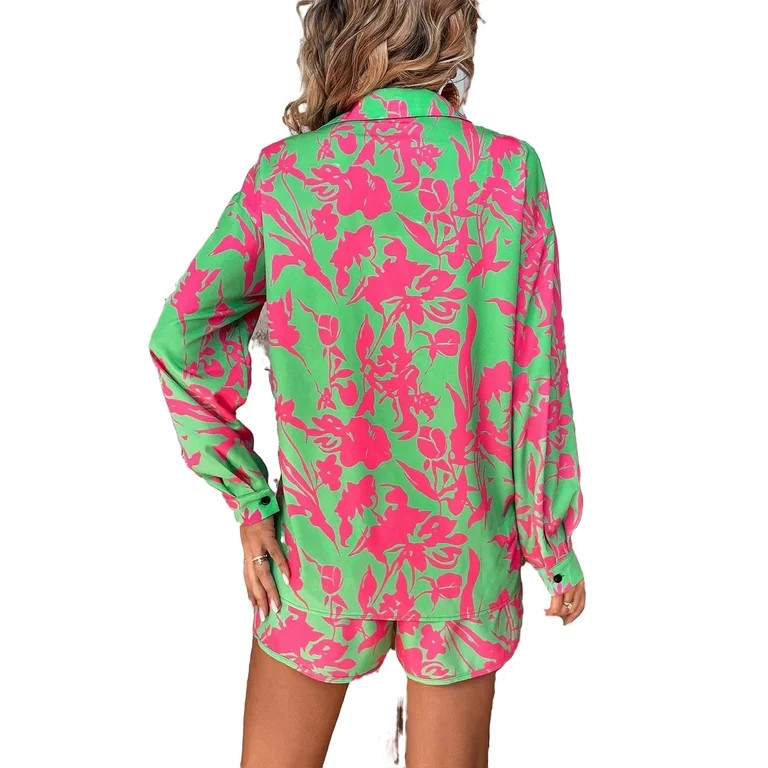 Collar All Over Print Green Long Sleeve Boho Women Two-piece Outfits(Women's) | Walmart (US)