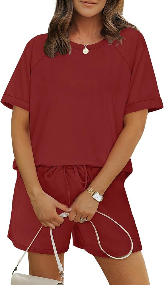 WIHOLL Two Piece Short Sets for Women Casual Summer Outfits Short Sleeve Crew Neck Lounge Matchin... | Amazon (US)