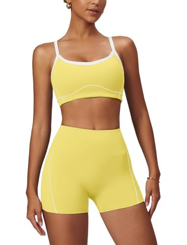 OMEWEE Yoga sets for women 2 piece Fashion contrasting lines Sports Bra and Tummy Control Butt-lifting Shorts yellow XL | Amazon (US)