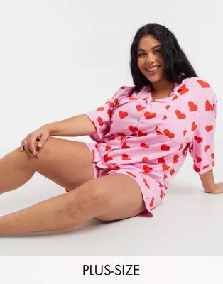 Skinnydip Curve pajama shirt and shorts set in heart print | ASOS (Global)