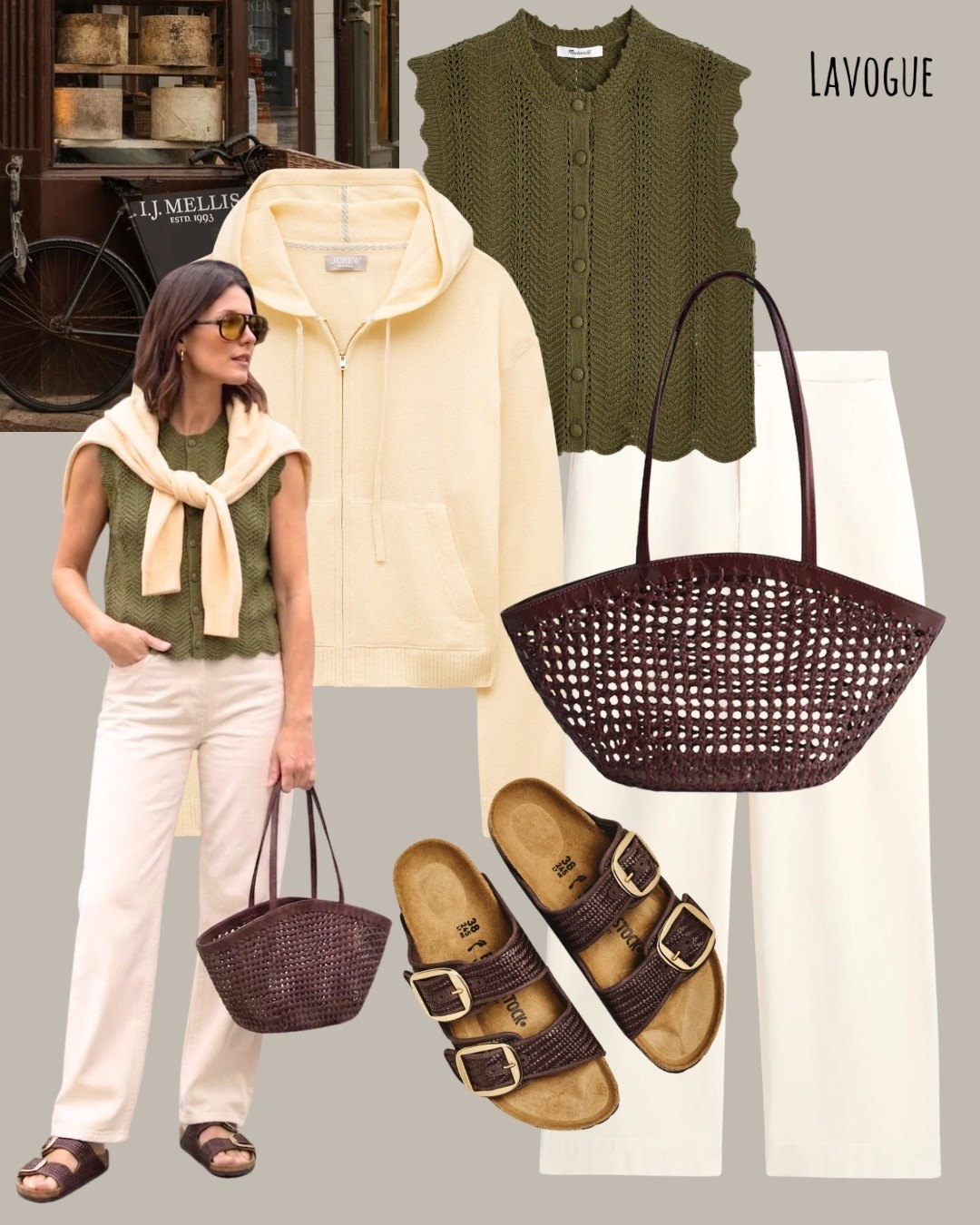 Light yellow cashmere hoodie over an olive wavy knit button-front top, styled with white jeans, brown raffia Birkenstocks, and a woven basket bag. 
Shop Below 👇🏼 
#LTKStyle #CasualChic #NeutralStyle #SpringOutfit

#LTKxMadewell #LTKootd #LTKSeasonal