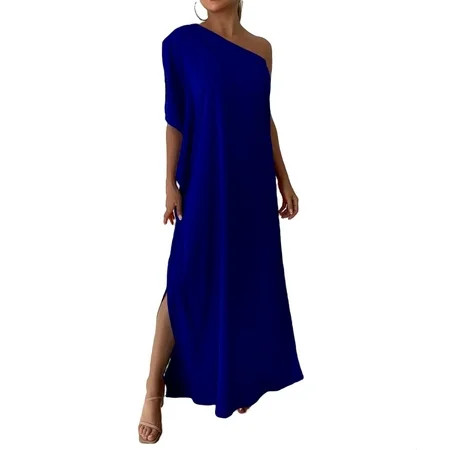 Womens Tunic Dress Plain Split Hem One Shoulder Royal Blue XL | Walmart (US)