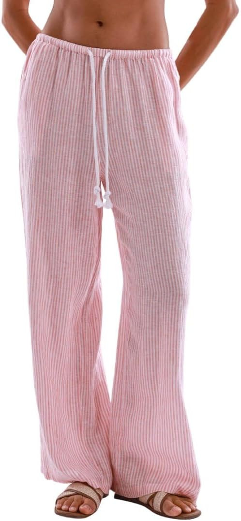 Amazhiyu Women's 100% Linen Striped Drawstring Wide Leg Pants | Elastic Waist, Summer Casual | Amazon (US)