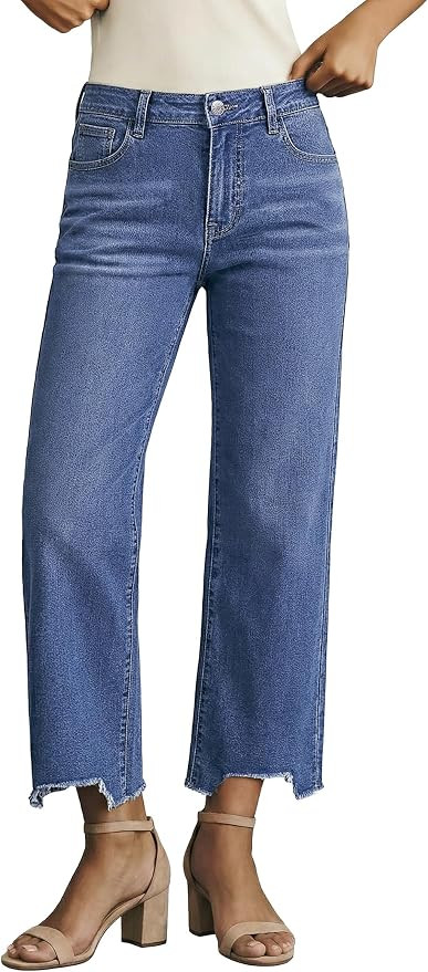 luvamia Straight Leg Jeans for Women Cropped Trendy Mid Rise Baggy Loose Distressed Casual Raw He... | Amazon (US)