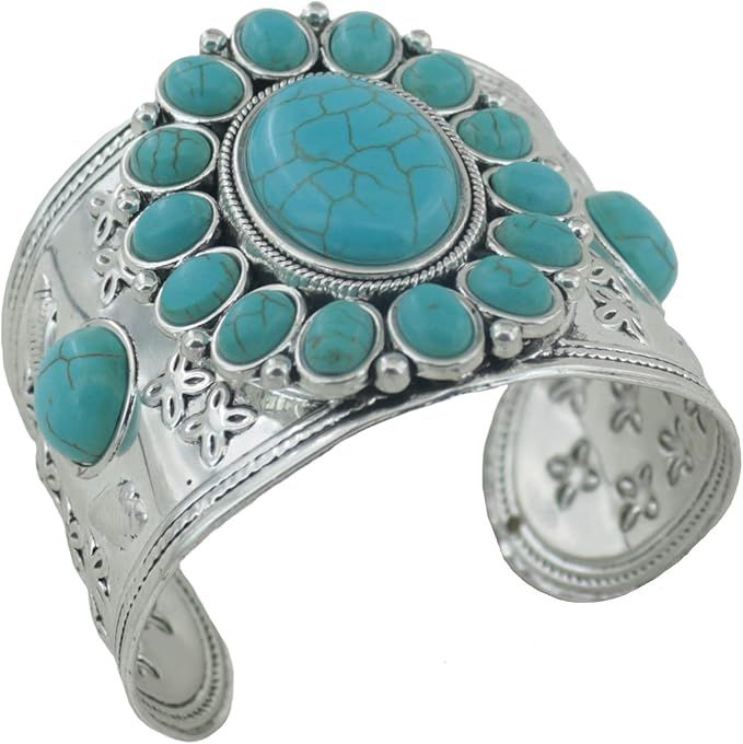 jianxi Women's Antique Rgentium Plated Base Heart Compressed Turquoise Bracelet Cuff Bangle Fashi... | Amazon (US)
