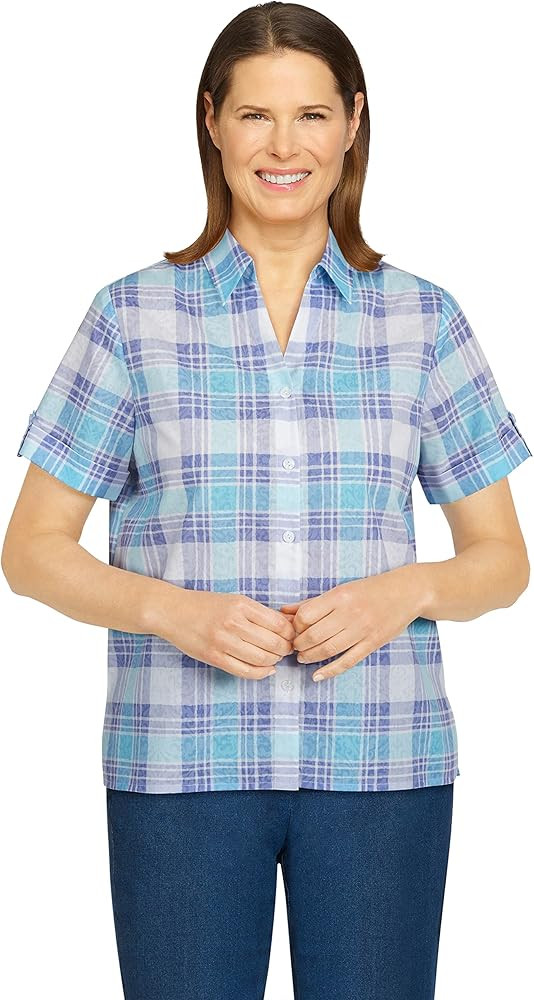 Alfred Dunner Women's Womens Petite Watercolor Plaid Print Burnout Shirt | Amazon (US)
