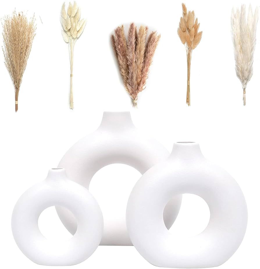 VELOVA Set of 3 White Ceramic Vase with 65 PCS Dried Pampas Grass Flowers Aesthetic Boho Modern S... | Amazon (US)