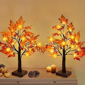 TURNMEON 2 Pack 18 Inch Prelit Fall Maple Tree with 48 LEDs Timer Battery Operated Lighted Pumpki... | Amazon (US)