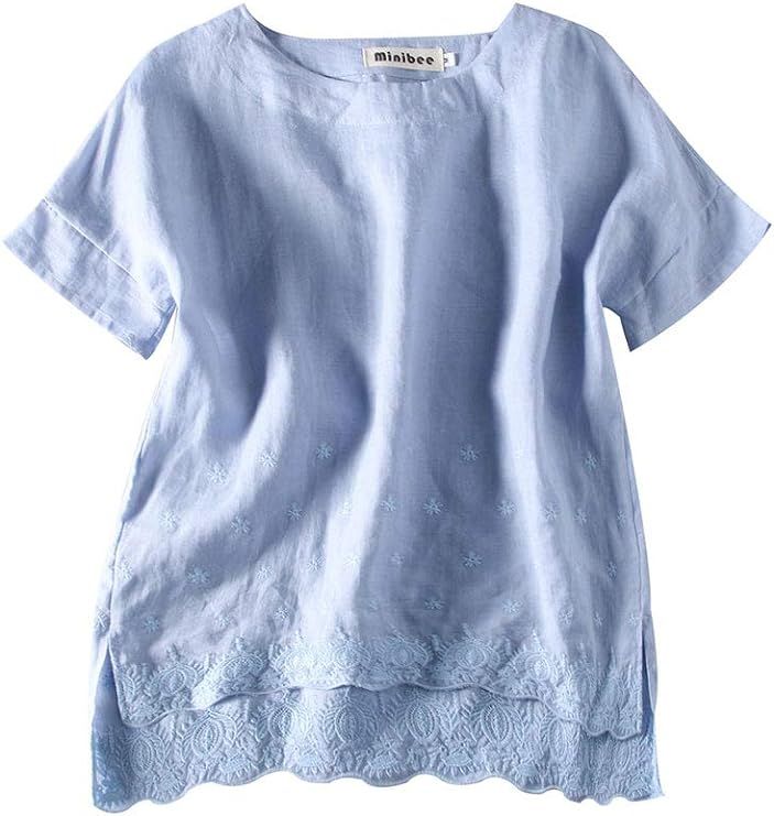 Minibee Women's Summer Linen Tunic Shirt High Low Hem Embroidery Blouse Top | Amazon (US)