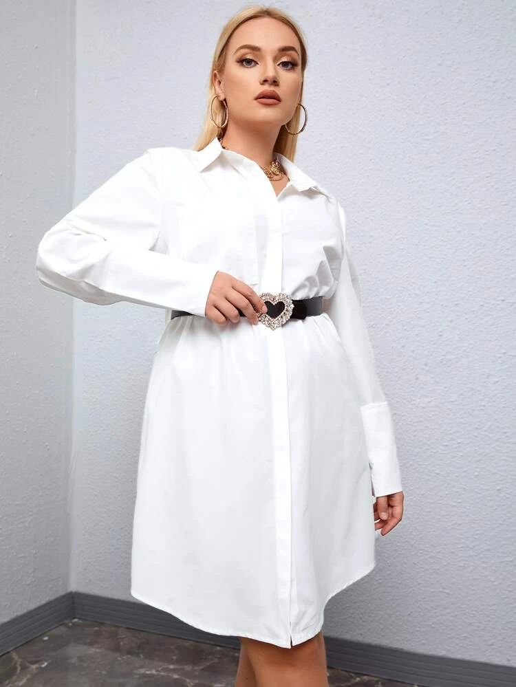 Plus Pocket Patched Shirt Dress Without Belt | SHEIN