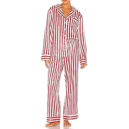 NUFIWI Women Christmas 2 Piece Pajamas Set Striped Printed Long Sleeve Button Down Shirt and Pant... | Amazon (US)
