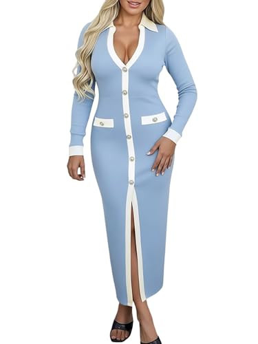 CHICME Women’s Sexy V Neck Long Sleeve Bodycon Maxi Dress Slit Front Slim Fit Evening Wedding Guest Dress-bl-XL Blue | Amazon (US)