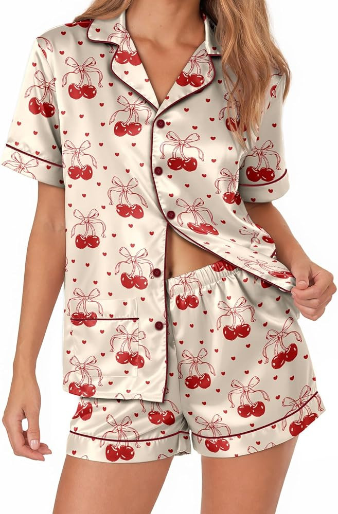 Women's satin pajamas set, Short-sleeve button down Loungewear for Mom, Sister, Girlfriend, Her G... | Amazon (US)