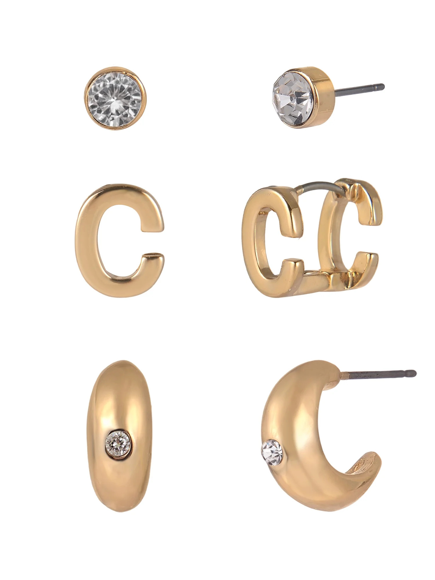 Time and Tru Goldtone 3-On Crystal Stud, Hoop, Initial "C" Earring Set | Walmart (US)