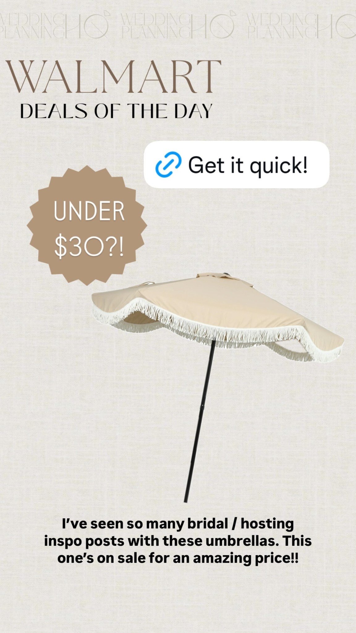UNDER
$30?! I’ve seen so many bridal / hosting inspo posts with these umbrellas. This one’s on sale for an amazing price!!