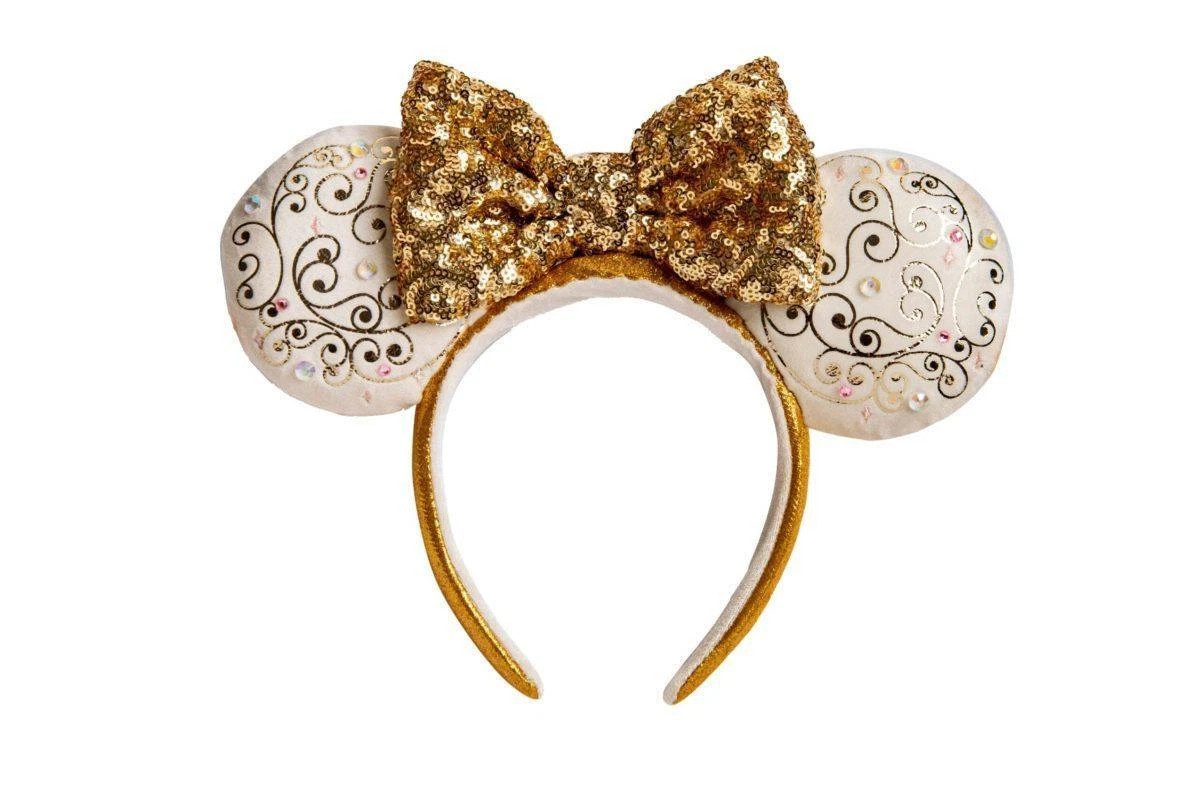 Disney World 50th Anniversary White & Gold Sequin Minnie Ear Headband | eBay US