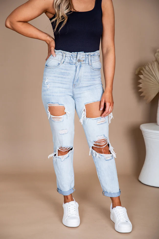 Kristen Paperbag Waist Light Wash Distressed Mom Jeans FINAL SALE | Pink Lily