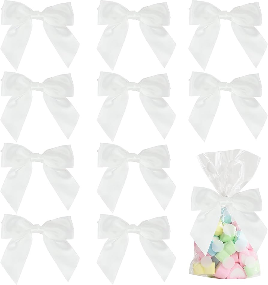 AIMUDI White Satin Twist Tie Bows for Treat Bags 4.5" Pre-Tied White Ribbon Bows for Crafts Gift ... | Amazon (US)