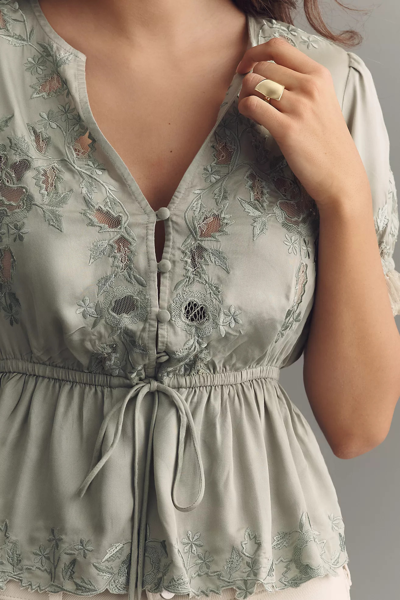 By Anthropologie Embroidered V-Neck Peplum Blouse | Anthropologie (US)