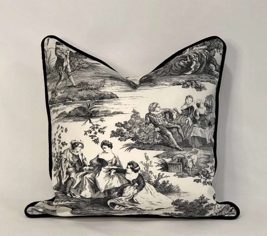 Black Toile Pillow Cover with Optional Black Velvet Welt Cord Trim | Etsy (US)